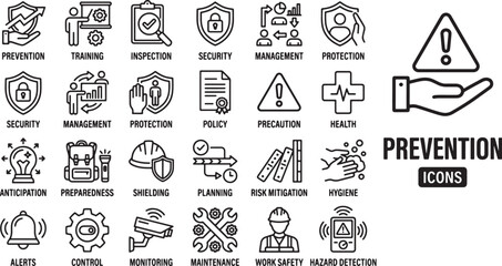 Fototapeta premium Prevention and safety icons set featuring line art symbols for risk management, workplace security, health protection, and hazard detection