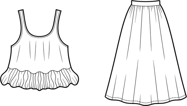 Fashion technical sketch of a women camisole ruffle top and flared maxi skirt set
