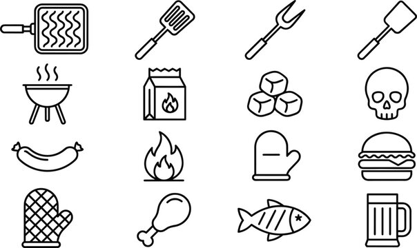 Barbecue grill and picnic food line icon set featuring cooking tools fire sausage and burger vectors