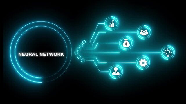 Neural Network Concept with Glowing Red Icons and Network Lines on Black Background artificial intelligence
