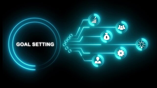 Neon Blue Goal Setting Concept with Business Icons and Flowchart on Black Background objectives planning