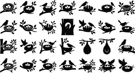 Fototapeta premium Black silhouettes of birds in nests on branches, various poses and settings bird silhouettes leaves