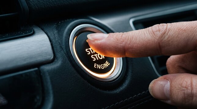 Close-up view of a finger pressing the illuminated engine start-stop button in a modern vehicle interior dashboard console