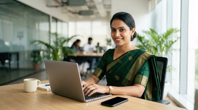 Cheerful indian woman wearing traditional saree working on laptop at modern open plan office desk near large bright window.
