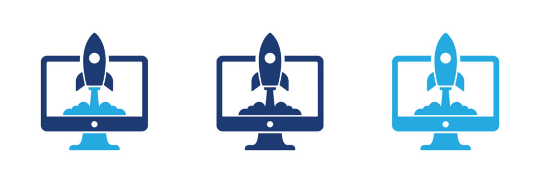 Business startup rocket launch icons on computer screens representing digital growth and innovation.