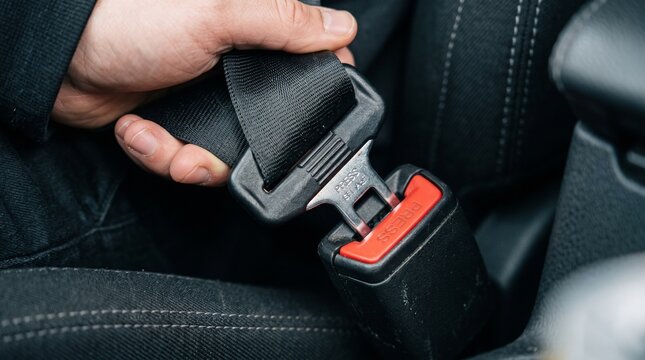 Close-up view of a person fastening a black car seat belt buckle inside a vehicle interior, demonstrating safety compliance and vehicle security procedures.