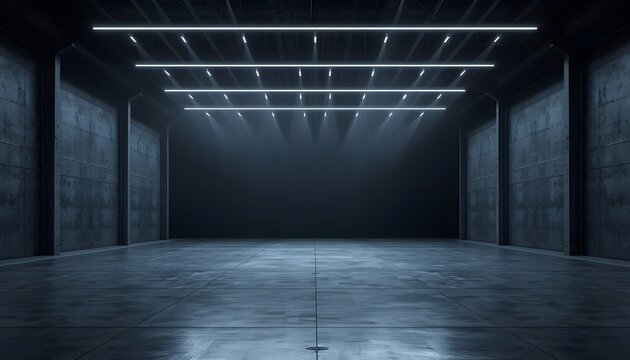 Empty Industrial Warehouse Interior with Concrete Floor, LED Lighting, Modern Futuristic Event Space