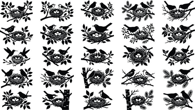 Black silhouettes of birds on nests, branches, and leaves, 20 variations leaf