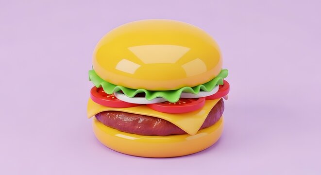 Minimalist 3D illustration of a delicious cheese hamburger with hamburger