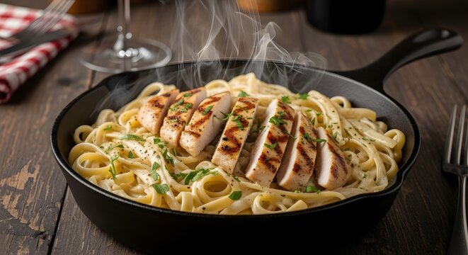 Creamy fettuccine alfredo pasta with grilled chicken in skillet, culinary