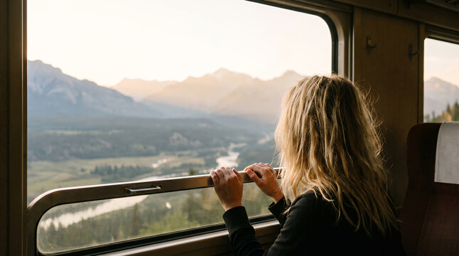 Woman gazing at mountain landscape from train window