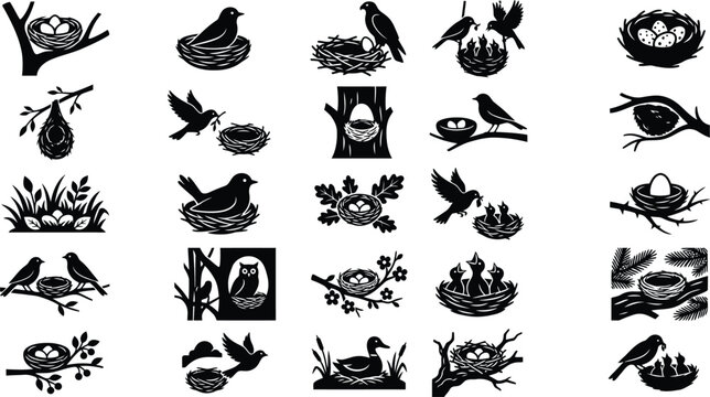 Black and white bird silhouettes with nests, eggs, and branches