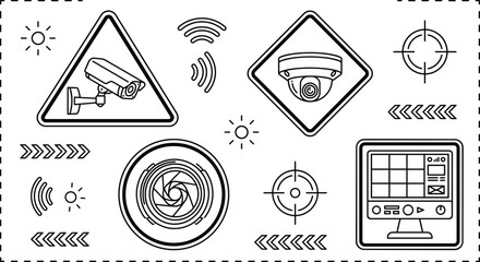 CCTV security surveillance camera and home monitoring system vector icon set featuring dome lens bullet and warning signs © MDBABULU
