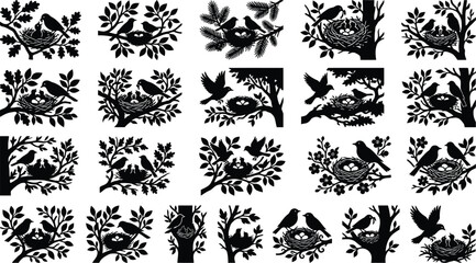 Fototapeta premium Black silhouettes of birds, nests, and trees on white background, various arrangements bird silhouettes