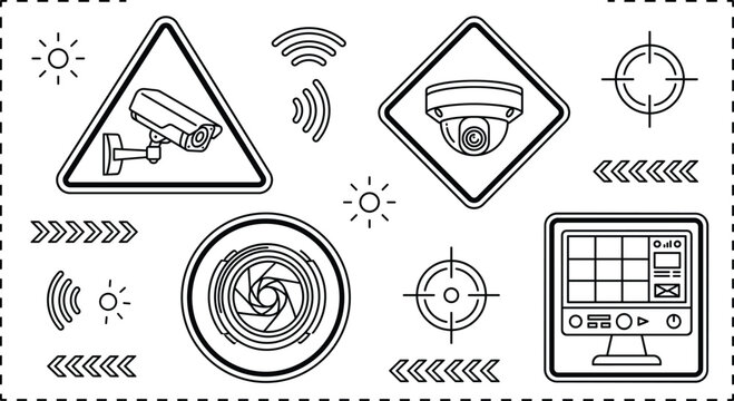 CCTV security surveillance camera and home monitoring system vector icon set featuring dome lens bullet and warning signs