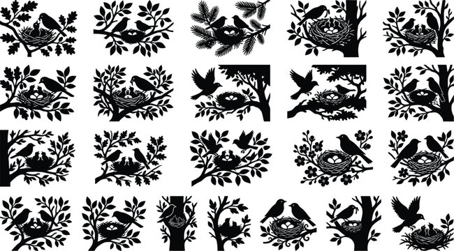 Black silhouettes of birds, nests, and trees on white background, various arrangements bird silhouettes