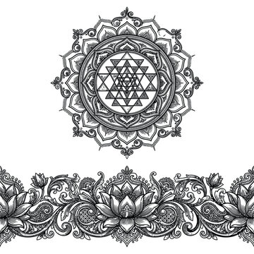 Intricate Sri Yantra mandala with floral border in ornate decorative style vector illustration
