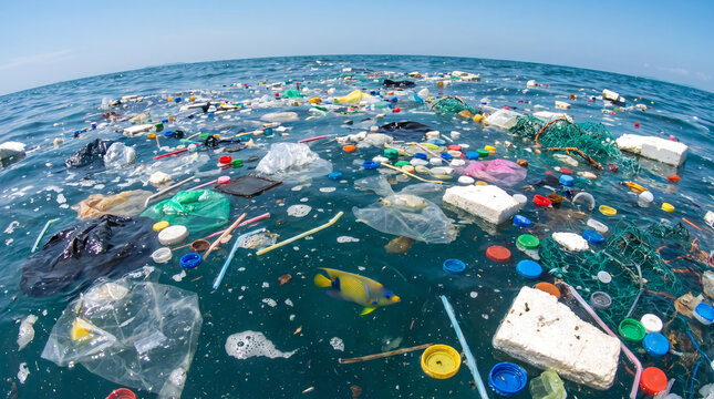 Plastic garbage debris and bottles, with a single yellow fish swimming underneath, floating on the water surface, of the blue ocean under clear sunny sky, environmental marine photography