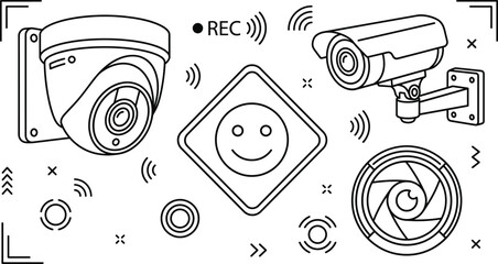 CCTV surveillance camera and home security protection system vector icon set featuring dome bullet and smile warning signs © MDBABULU
