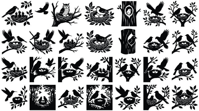 Black silhouettes of birds, nests, and trees on white background, various shapes and sizes bird silhouettes
