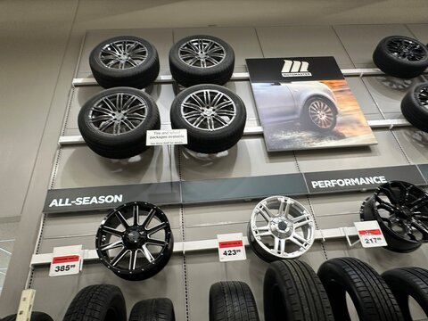 Automotive Tire and Wheel Selection Inside Canadian Tire Store. June 27 2026. Grande Prairie, Alberta, Canada. For editorial use only