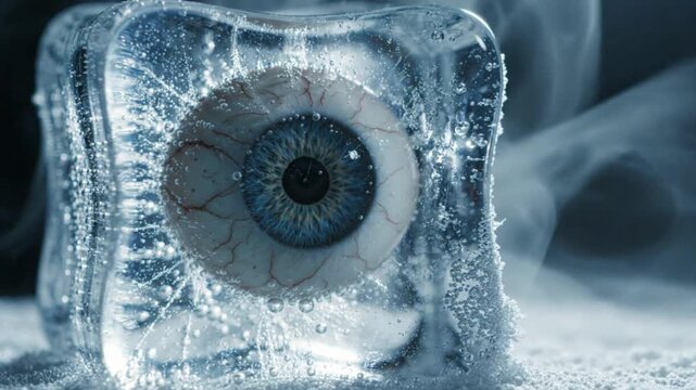 Surreal Macro Close Up of a Blue Human Eye Frozen Inside a Clear Ice Cube