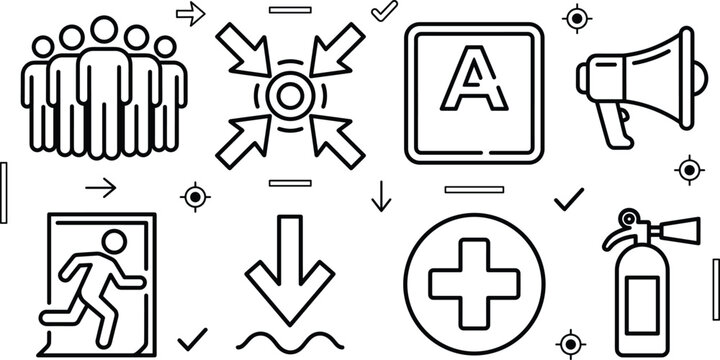 Emergency evacuation plan building assembly point fire extinguisher and first aid cross line art vector set