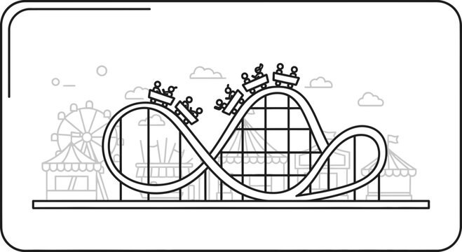 Amusement Park Roller Coaster Fun Ride - Black and White Illustration