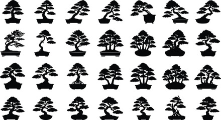 Fototapeta premium Black silhouettes of bonsai trees on white background, various shapes and sizes tree shapes potted plants