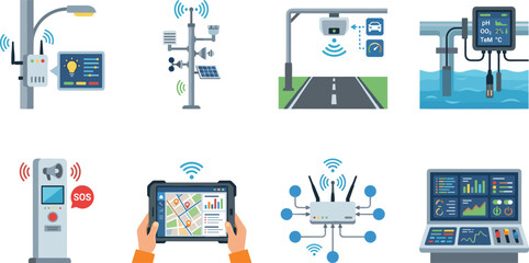 Smart City IoT Infrastructure Vector Icons with Sensors Monitoring and Connected Technology Systems © Mst Farida