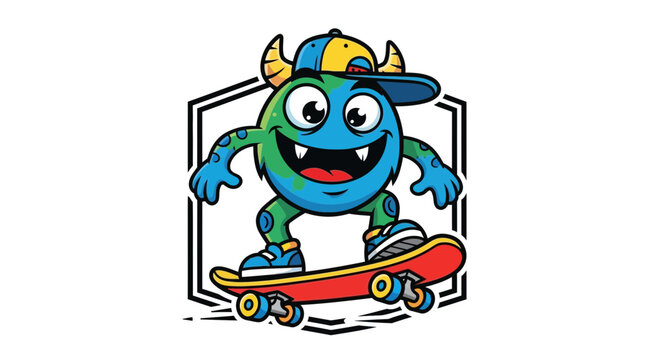 Cartoon Earth Monster Skater, Fun Planet Character on Skateboard, Childrens Illustration