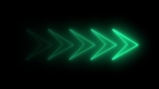 Neon green glowing arrows pulsing in sequence on black background, for motion pulse