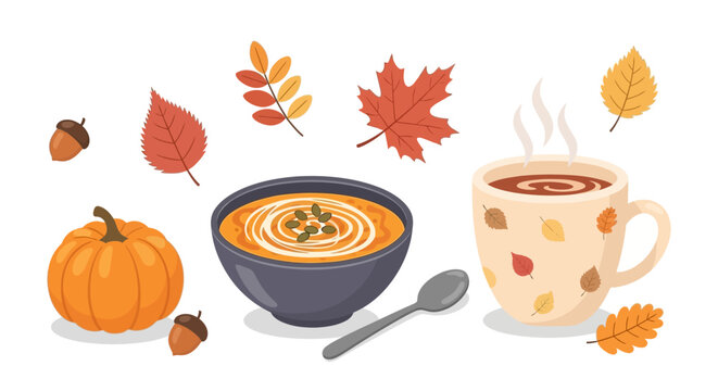 A bowl of pumpkin soup and a cup of hot coffee with autumn leaves and a pumpkin on a table indoors.