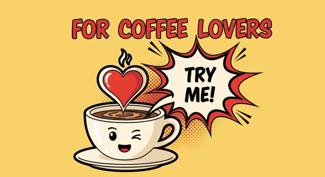 cartoon coffee cup with heart for coffee lovers