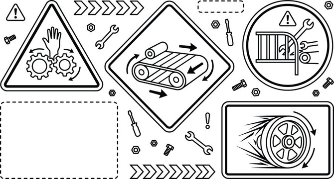 Industrial machinery hazard and hand entanglement safety warning vector icon set featuring conveyor belts gears and tools