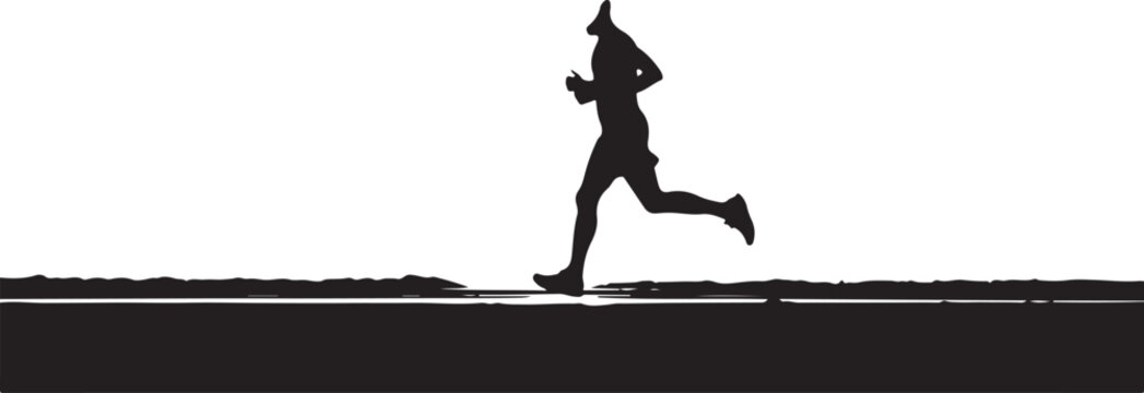 Black silhouette vector illustration of woman, girl and female athlete in bikini running, jogging, dancing and jumping, sports fitness action figures