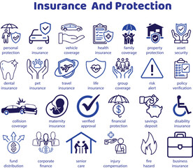 Naklejka premium Insurance and protection vector icons. Financial security risk management health coverage and personal property liability line signs set. Policy verification icon