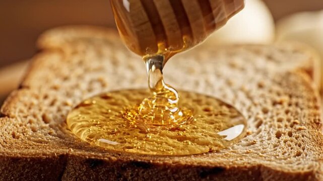 Golden honey dripping from wooden dipper onto toasted bread.