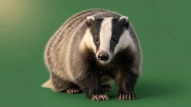 A detailed portrait of a european badger standing against a solid green backdrop