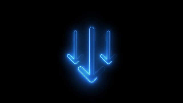 Glowing neon blue triple downward arrows animation on black background, direction