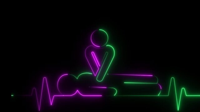 neon heartbeat icon animation. CPR chest compressions showing medical resuscitation technique for training, safety, and emergency education. CPR chest compressions heartbeat signal icon. 4k video.