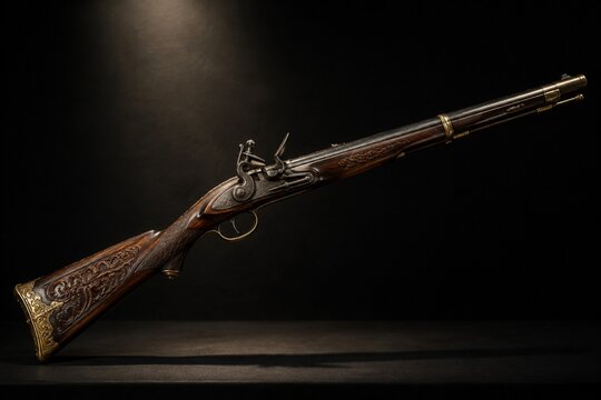 Antique flintlock musket with ornate wooden stock and brass fittings.