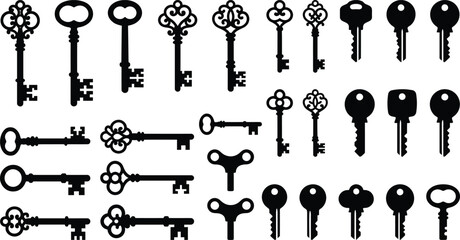 Collection of various black keys on white background, 53 old keys antique keys key collection © hr graphics