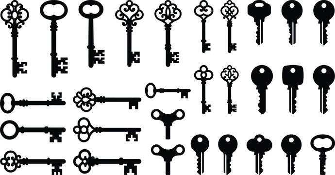 Collection of various black keys on white background, 53 old keys antique keys key collection