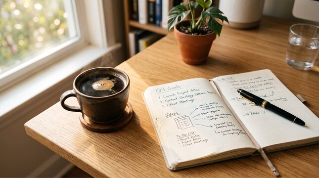 Coffee and Open Notebook on Wooden Desk by Window