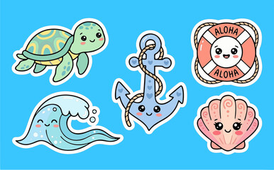 Fototapeta premium Kawaii style set of vector summer stickers with adorable sea turtle, smiling anchor, happy lifebuoy, cute ocean wave and blushing seashell. Isolated on white. 