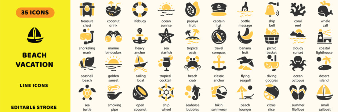 Beach vacation vector icons. Summer holiday travel tropical resort cruise and marine adventure line signs set. Tropical cocktail icon
