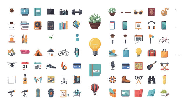 Lifestyle icons depicting various hobbies, electronic devices, and everyday items are organized in a detailed collection.