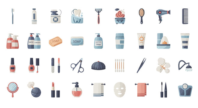 Cosmetics and personal care icons display a collection of grooming tools and beauty products arranged in a systematic grid.