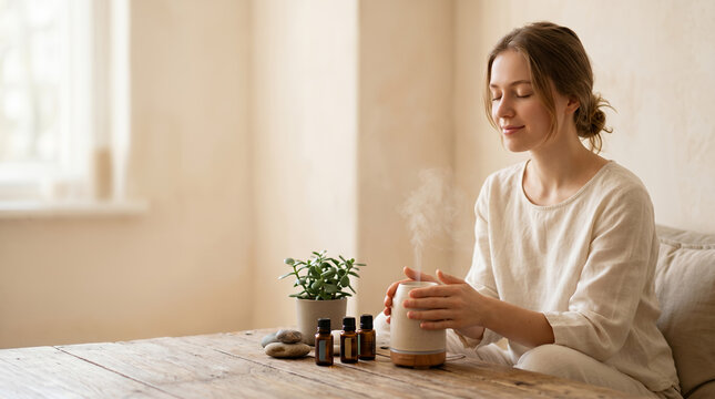 Woman relaxing with essential oil aroma diffuser at home